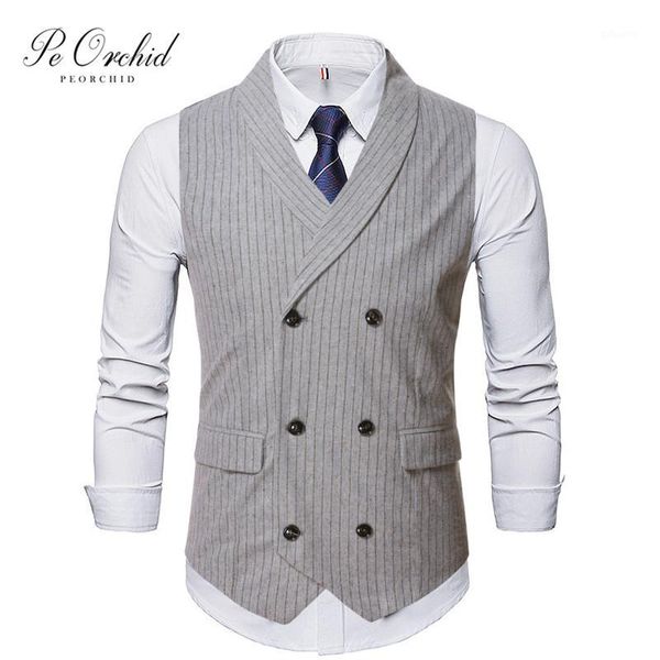 

peorchid striped men vests autumn light gray waistcoat for men double breasted fashion business ceremony wedding party vest1, Black;white