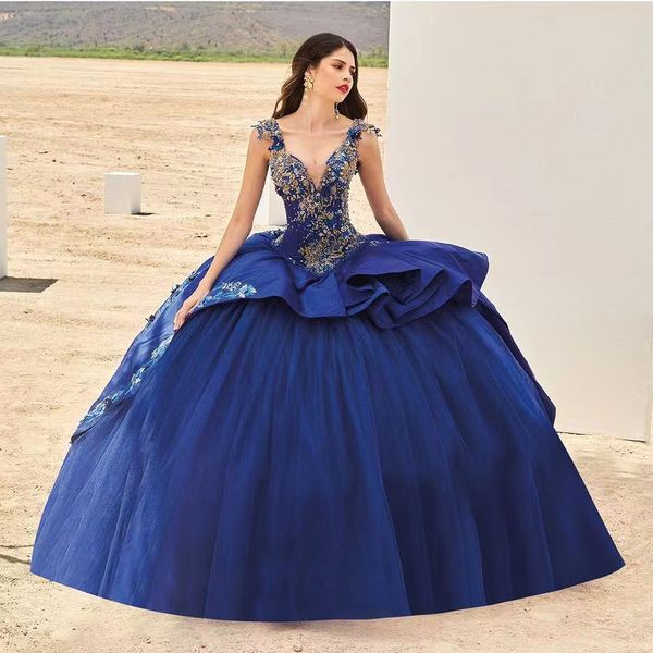 Marineblaue Quinceanera-Kleider, Ballkleid, Perlen, schiere, tiefer V-Ausschnitt, Spitze, Applikation, Satin, 15-Masquer-Abschlussball-Party-Kleider, Roben de Soir￩e