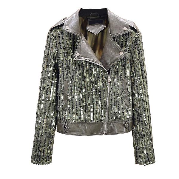 

new rivet sequins pu leather jacket women autumn motorcycle jacket streetwear slim zipper luxury womens coat, Black