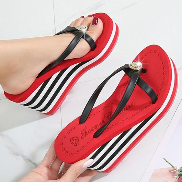 

slippers women summer beach shoes casual flip flops stripe platform rhinestones wedges zapatos de mujer sh3181, Black
