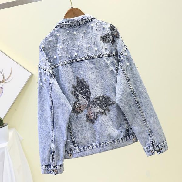 

korean style spring autumn new beading denim jacket women long sleeve pearls butterfly diamonds coats short jeans jacket female, Black;brown