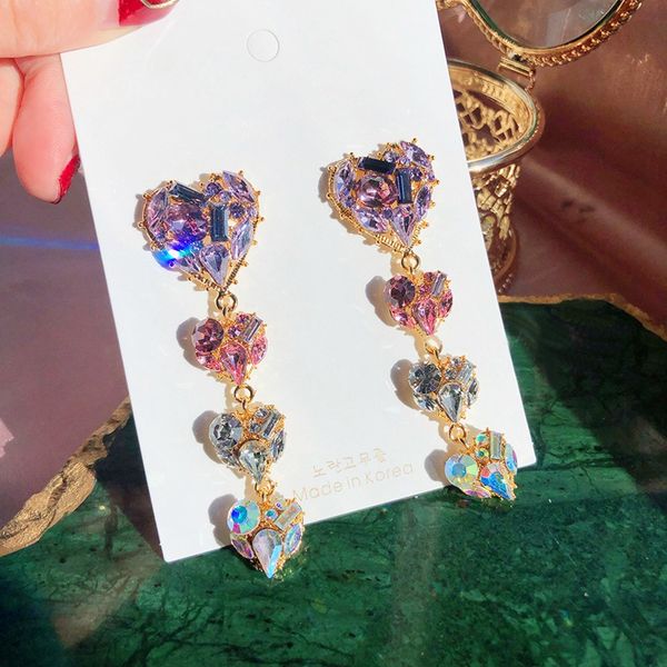 

npkds korean new shiny sweet purple pink crystal love heart long drop earrings for women fashion holiday party jewelry, Golden