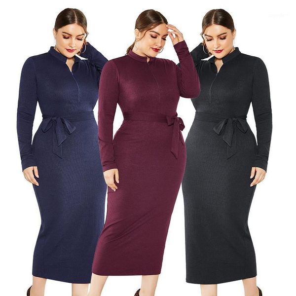 

plus size 5xl spring autumn new solid color stand neckline bodycon mid calf long dress woman 2020 casual slim zipper mujer1, Black;gray