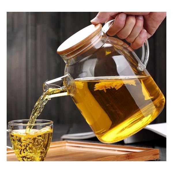 

heat-resistant borosilicate glass tea pot kettle cold resistant dual use bamboo teapot for coffee shop supplies wholesale