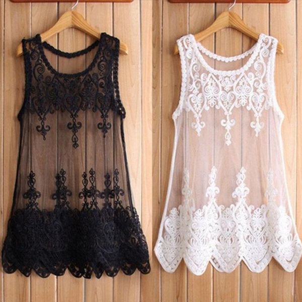 

летний пляжный матч плюс женская сетка кружева блузки рубашки с вышивными цветами цветы без рукавов в без рукавов, White