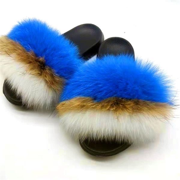 

woman winter furry slippers really fox fur sandals fluffy real fur flip flops female home shoes non-slip eva indoor slipper y201026, Black