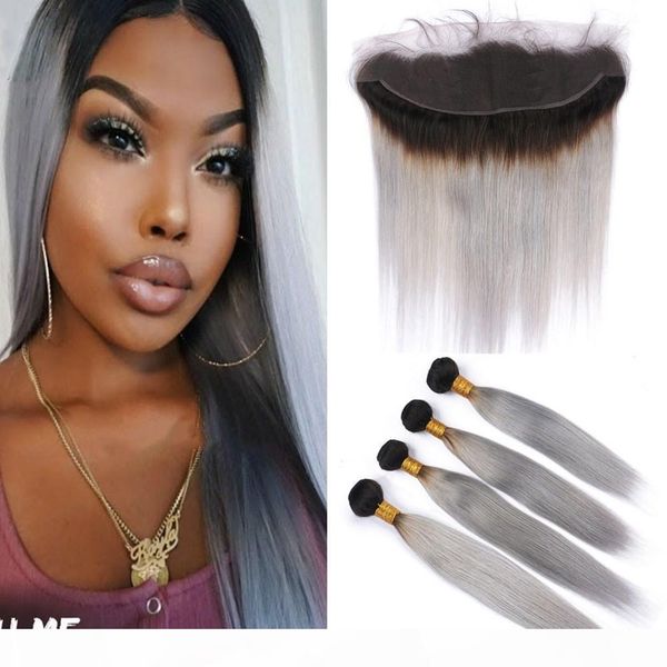

#1b grey ombre straight human hair full lace frontal with 4 bundles silver grey ombre peruvian straight weaves virgin hair bundles 5pcs lot, Black;brown