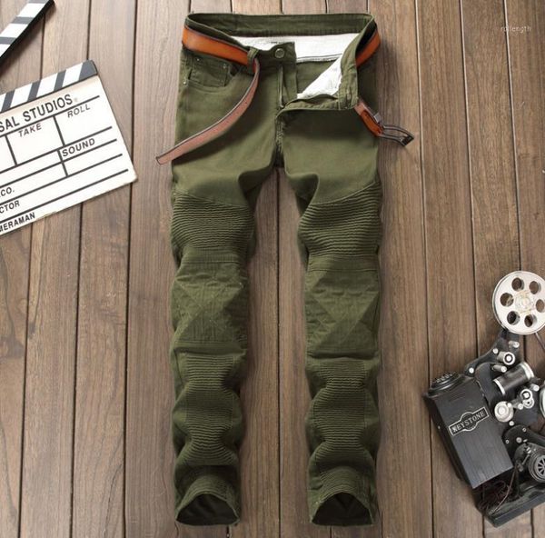 

biker army green jeans men's skinny slim fit patchwork stretch denim moto pants #7119-21, Blue