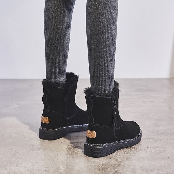 

swyivy flat leather boots women zip short plush winter shoes women warm ladies boots ankle sewing fashion black shoes woman 201123