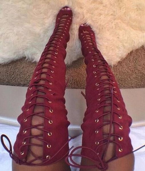 

women new fashion suede leather lace-up over knee thin heel gladiator boots thin high heel long boots real picture1, Black