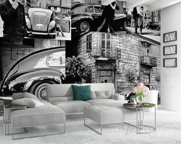 Europeu retro papel de parede 3D preto e branco paisagem carro casal cidade rua vista fundo clássico 3d papel de parede