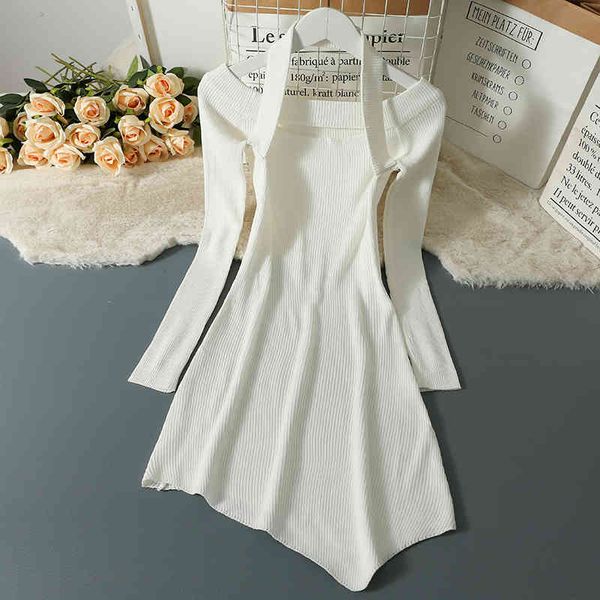

chic knitting dress korean ins spring slim long-sleeved halterneck tight-fitting short irregular hip dresses, Black;gray
