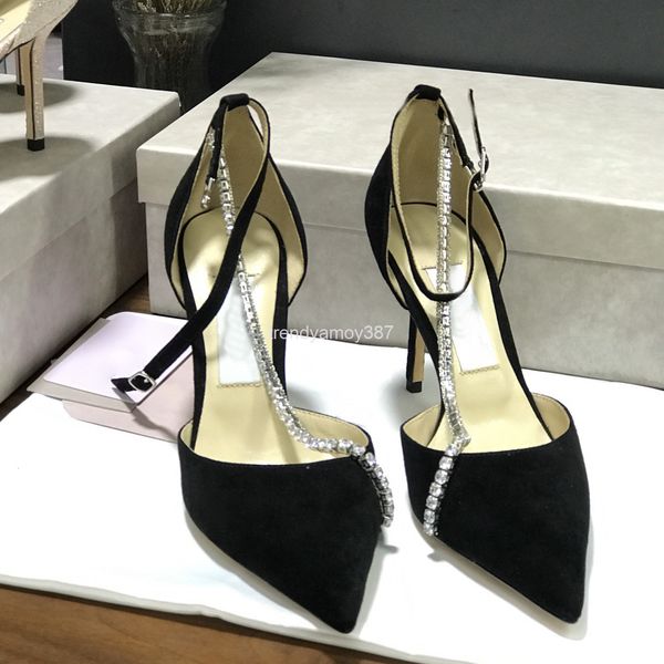 

dress shoes summer women's sandals crystal chain pointed high heels flat bottom temperament fashion shoes, Black