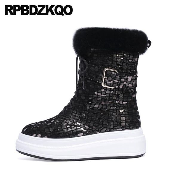 

brand women winter boots genuine leather 10 shoes flatform wedge trend ankle muffin high heel lace up ladies sheepskin big size, Black