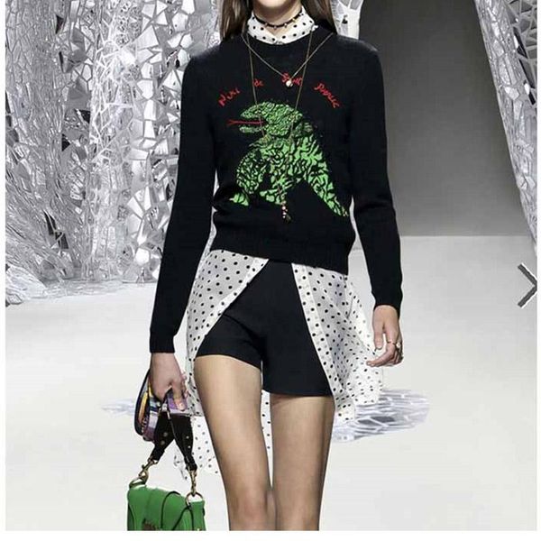 

cosmicchic embroidery cashmere sweater women 2020 fall winter long sleeve pullover dinosaur runway fashion sweater ly273, White;black