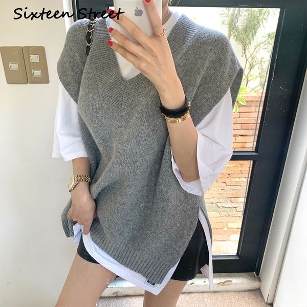 

new sweater vest women korean loose joker knitted cardigan female clothes vintage winter and autumn solid v neck plus size y201128, White;black