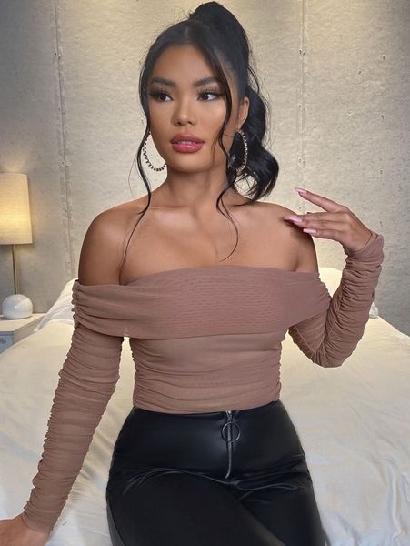 

off shoulder ruched mesh l9oh#, White