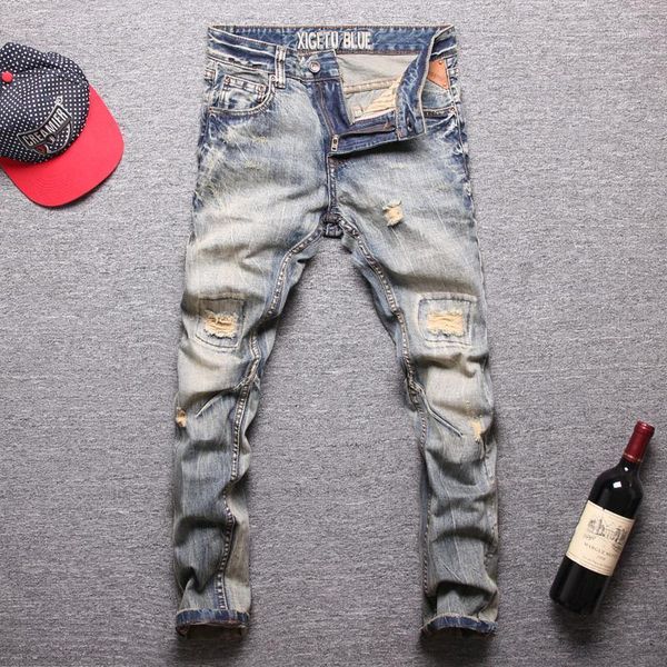 

italian style fashion men jeans retro wash slim fit destroyed ripped jeans men biker pants1, Blue