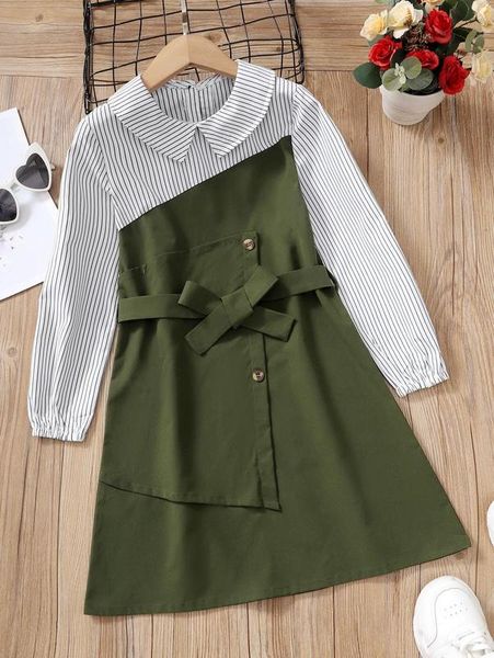 

girls colorblock vertical striped belted dress she, Red;yellow