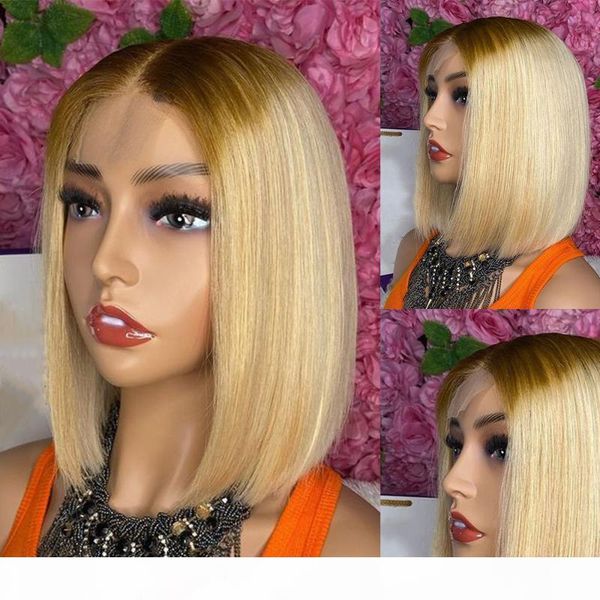 

atina 613 colored remy brazilian straight bob part lace human hair wig ombre wigs for black women pre plucked closure, Black;brown