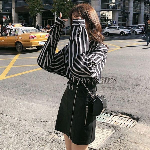 

set autumn women's two-piece striped shirt women's long sleeve short leather skirt bag hip skirt a-line set, White;black