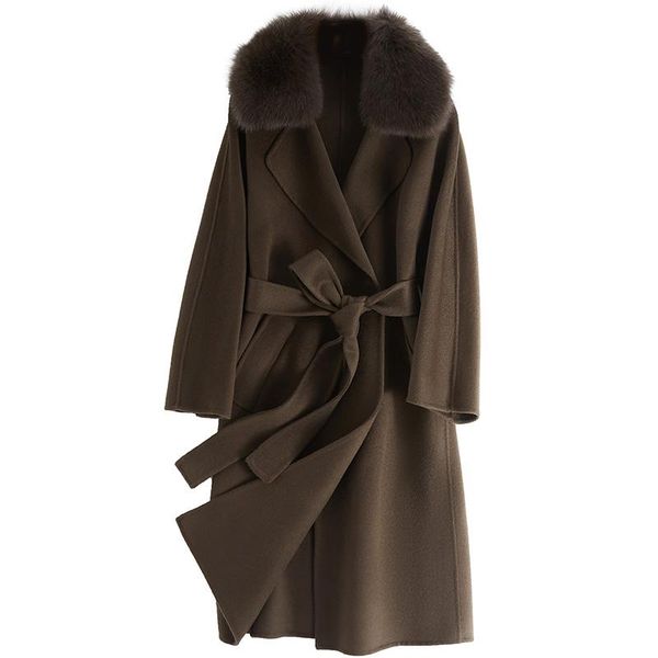 

100% genuine wool women's coats vintage elegant female jacket fur collar double-sided woolen cloth ropa de mujer zjt1469, Black