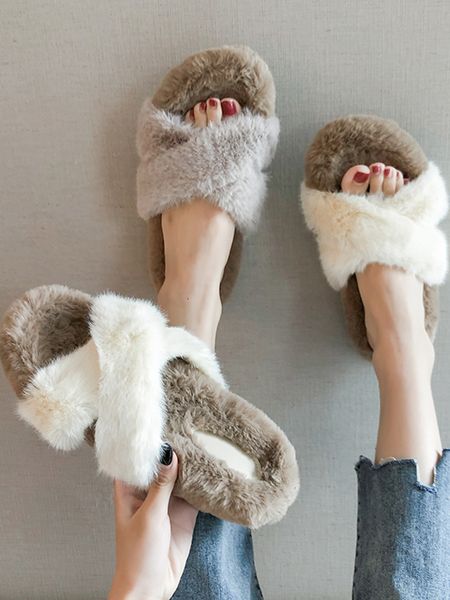 

female shoes home slippers women's platform luxury slides loafers fur flip flops low flock 2020 soft massage designer plush x1020, Black