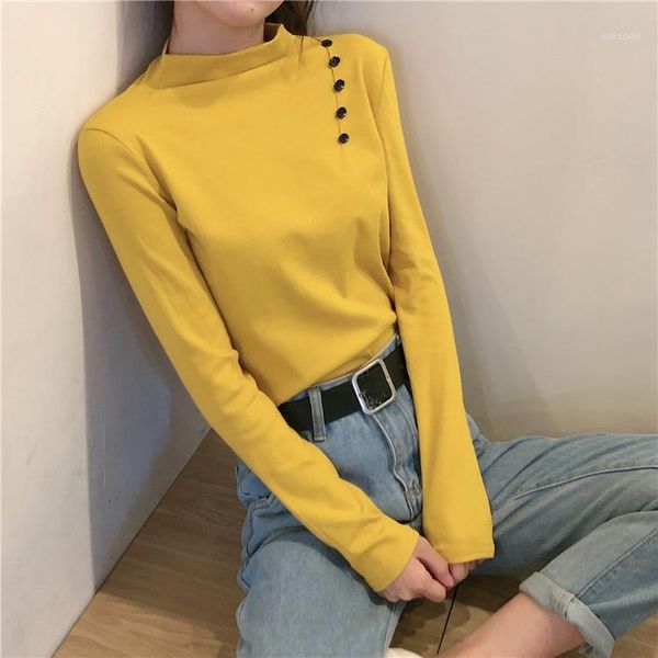 

women turtleneck long sleeve bottoming soft t-shirts tee girls autumn winter buttons undershirts tees t shirts female1, White