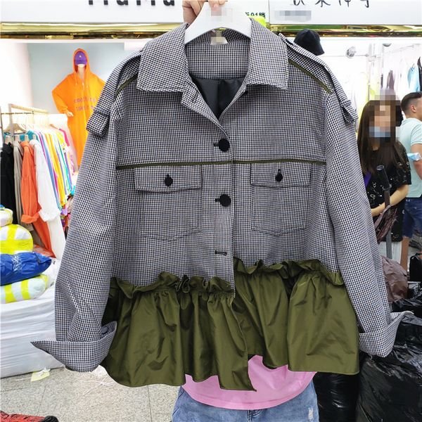 

[ewq] autumn long-sleeved plaid ruffle stitching bomber jacket for ladies turn-down collar contrast color trend overcoats 201026, Black;brown