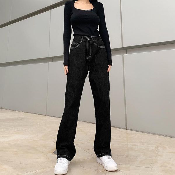 

new fashion high waist loose fit denim pants women straight wide leg jeans hip hop style with straps, Blue