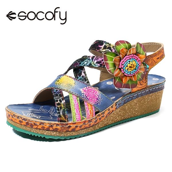 

socofy bohemia sandals pattern genuine leather floral hook loop comfortable wedge heel sandals elegant women shoes y200405, Black