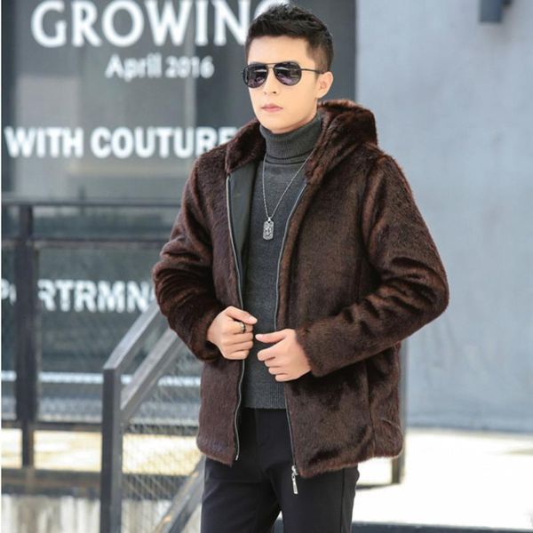 

imitation fur coat autumn and winter men's hooded long new henin mink slim men's coat size jacket, Black