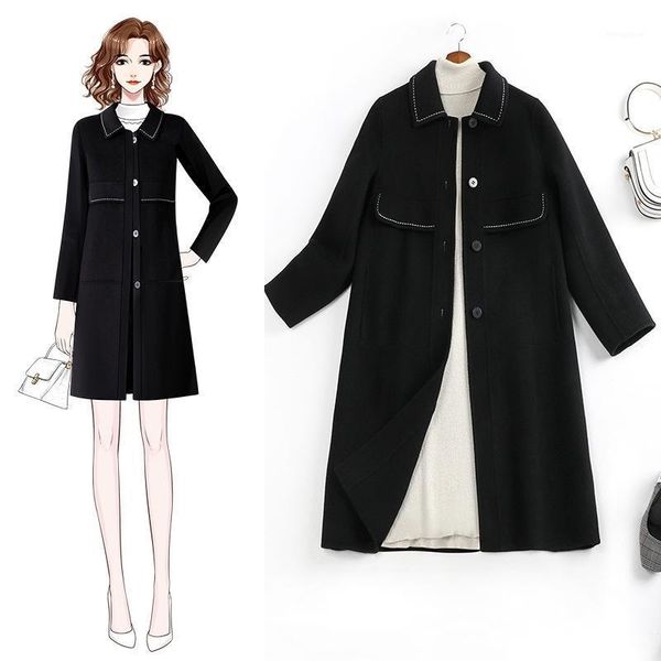 

large size female black mid-length woolen coat 2020 new fat sister mm fashionable loose slim coats & jackets wool & blends1