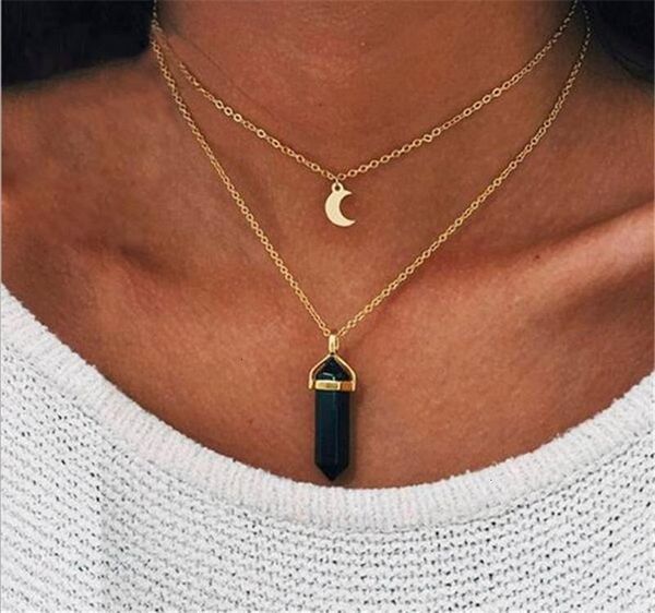 

factoryrykc18k gemstone natural pendants gold fashion necklace rose quartz healing crystals double layer crescent jewelr