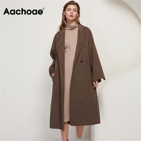 

aachoae solid color 100% wool long coat women loose casual long sleeve sashes outerwear double breasted chic ladies overcoat 201218, Black