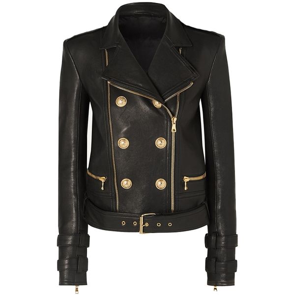 

designer jacket women's lion buttons faux leather jacket motorcycle biker jacket 210201, Black