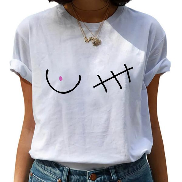 

chest line breast print harajuku graphics t-shirt streetwear cool women's short sleeve, White