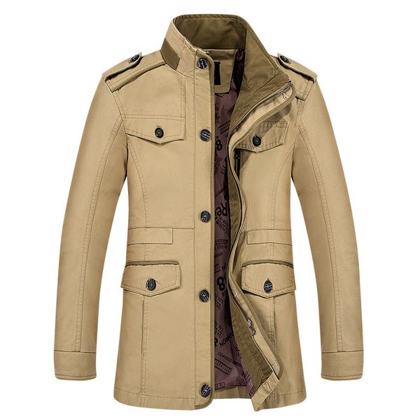 

straight new autumn men's casual jacket medium length cotton wash coat windbreaker, Tan;black