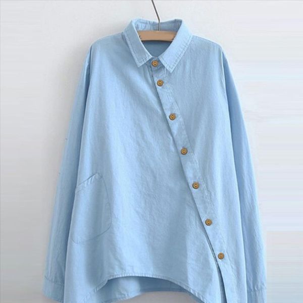 

h30 turn down collar button womens and blouses solid color cotton linen long sleeve shirts women blusa feminina, White