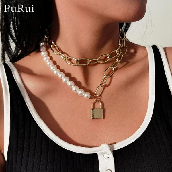 

chokers statement cool punk chain necklace for women multi layered choker paperclip chains lock pendant pearl jewelry, Golden;silver