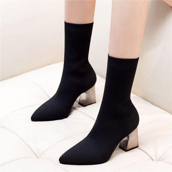 

boots 2021 autumn korean wild stretch pointed high-heeled short fashion women's single crude with sock, Black