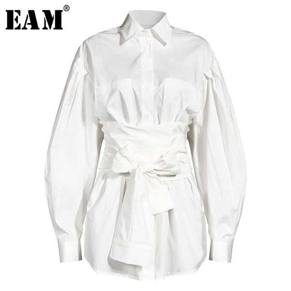 

[eam] women white bandage split temperament blouse new lapel long sleeve loose fit shirt fashion tide spring summer 1y333 201126