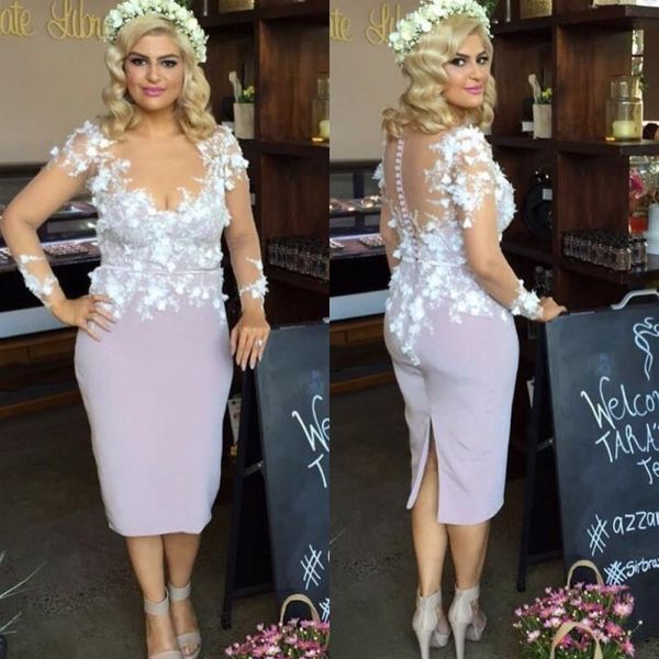 

2021 3d floral applique prom dresses long sleeves jewel neck illusion knee length sheath covered buttons split back evening party gown, Black