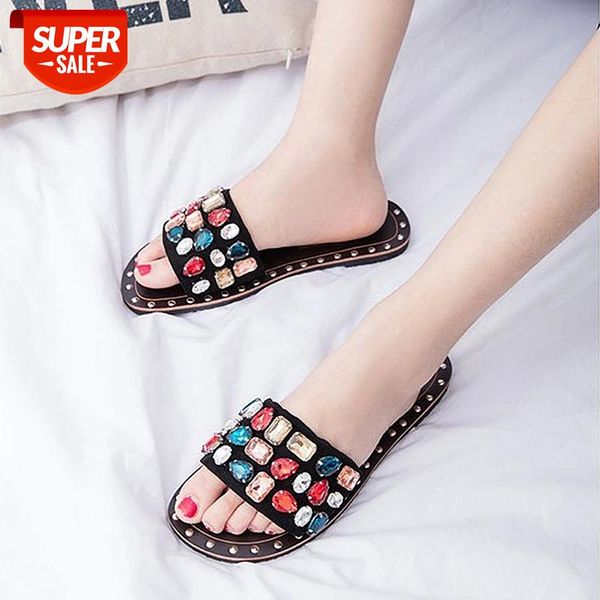 

shine gem slippers women rivet rhinestones designer slides women retro fashion wild beach shoes plus size 43 #3l62, Black