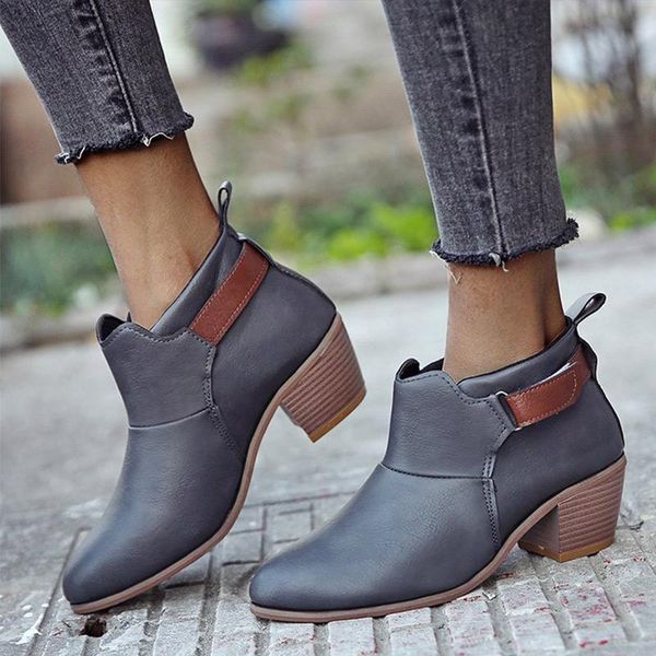 

boots mcckle women autumn ankle woman pointed toe shoes female ladies high chunky heels buckle casual retro footwear fashion, Black
