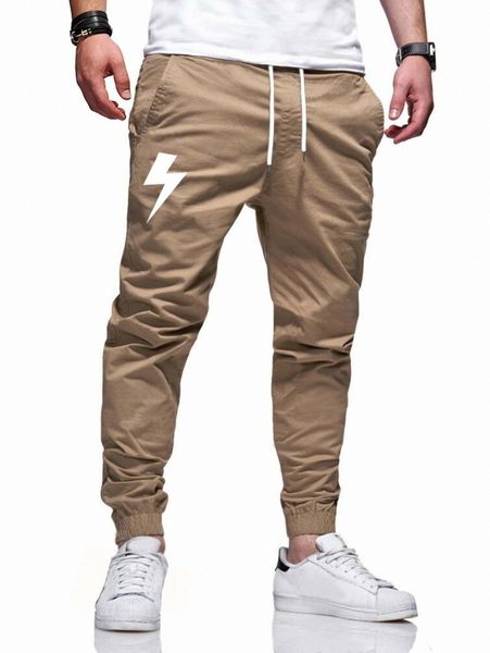 

men lightning print drawstring waist carrot pants 18am#, Black