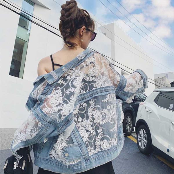 

women lace embroidery oversize denim coats long sleeve loose jeans coat fashion chaquetas patchwork perspective mesh jacket1, Black;brown