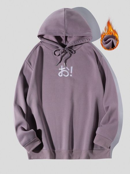 

men japanese letter embroidery drawstring thermal lined hoodie o0im#, Black