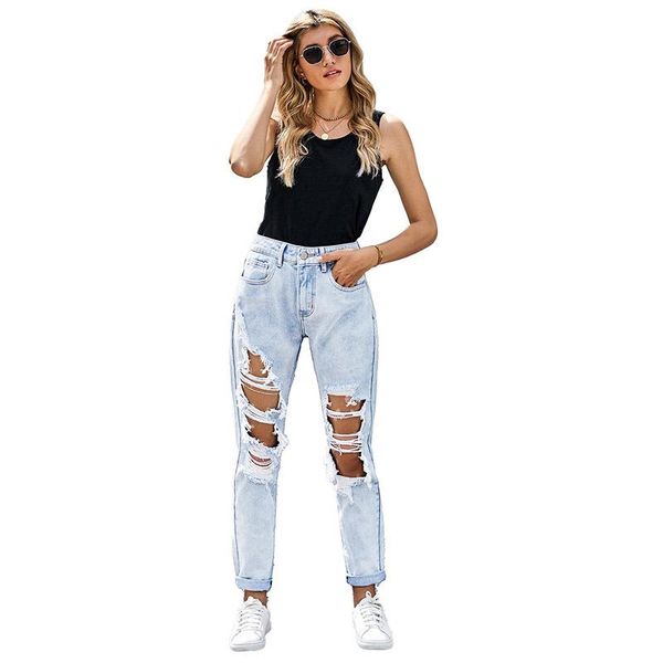 

jeans women autumn new style multi-frayed holes high waist ankle-length pants ladies fashion loose trousers clothing bottoms, Blue