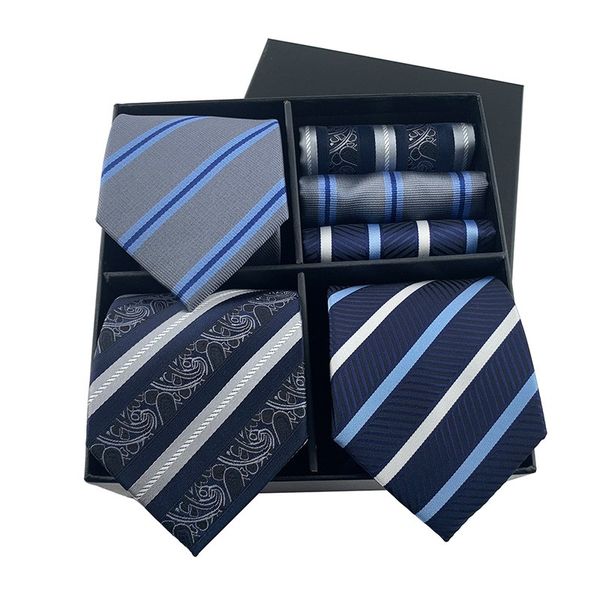 

new men's gift box tie handkerchief fashion business stripe paisley necktie pocket square set luxury box packaging, Black;blue